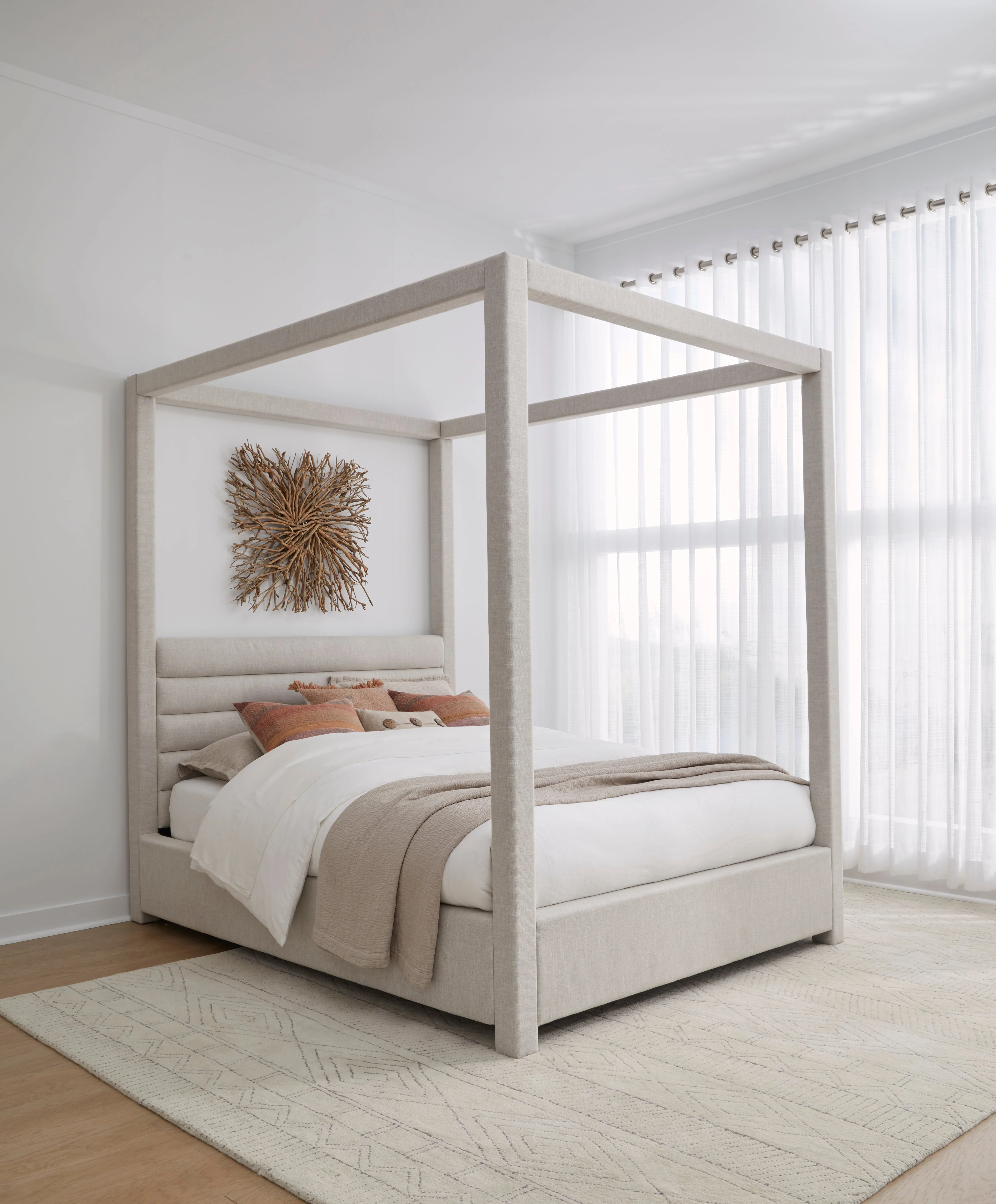 Rockford Upholstered California King Canopy Bed in Turtle Dove Linen - Image 3
