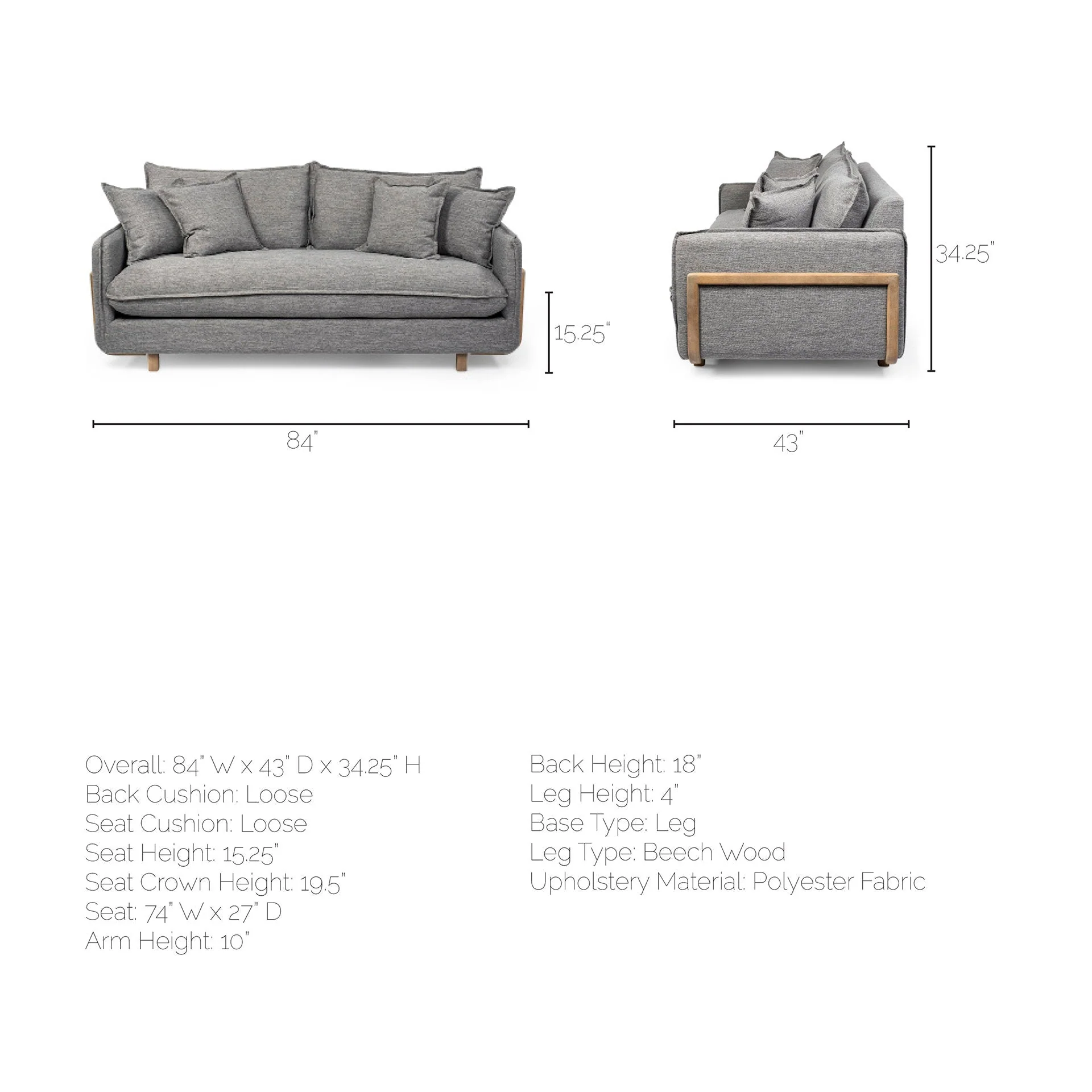 Roy I 84 Inch Castlerock Gray Upholstered Three Seater Sofa - Image 13