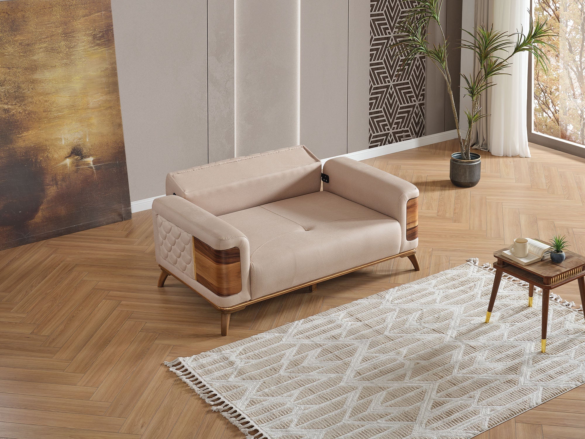 Ruby Beige Convertible Loveseat - Image 6