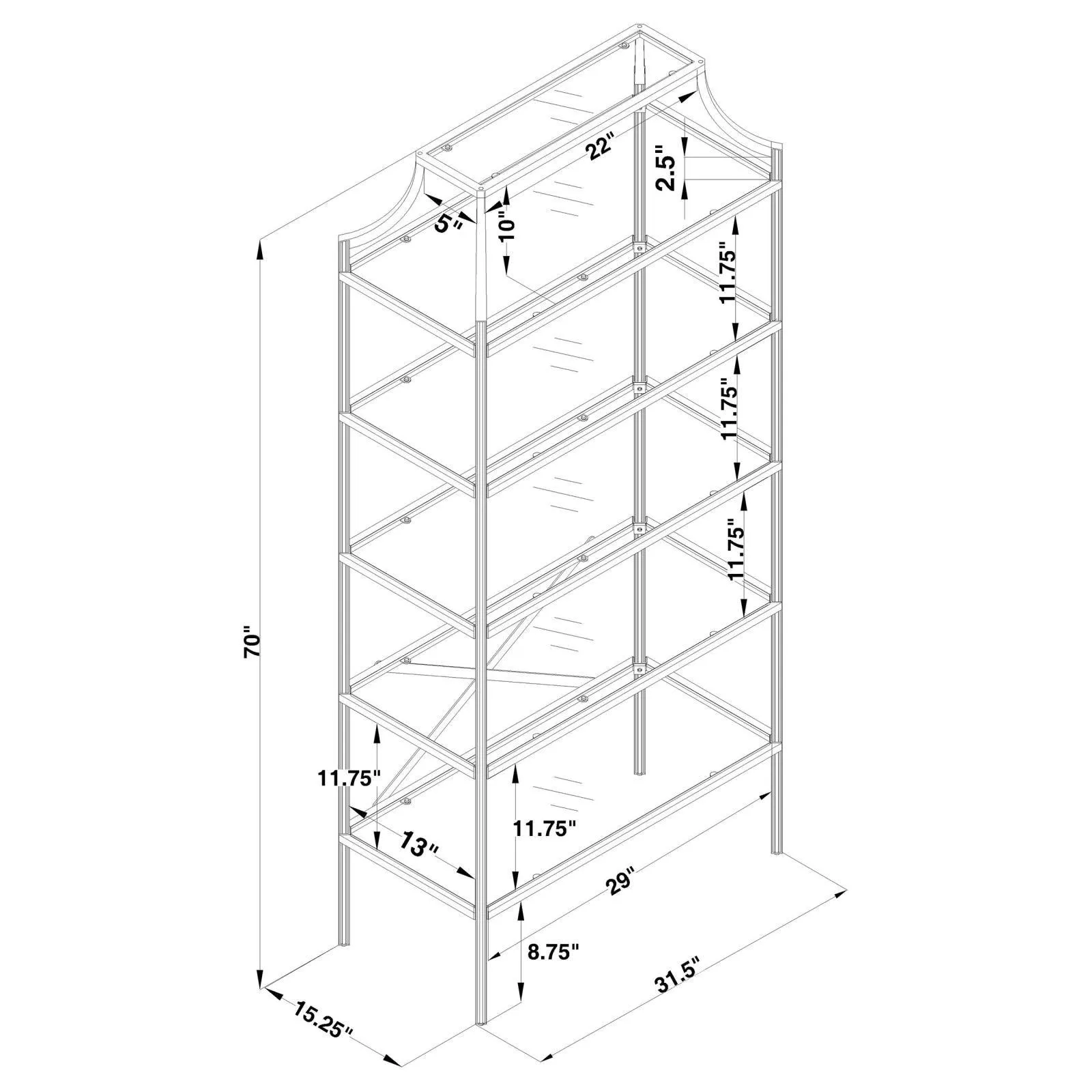 Serena Matte Gold 5-Tier Tempered Glass Shelves Bookcase - Image 11