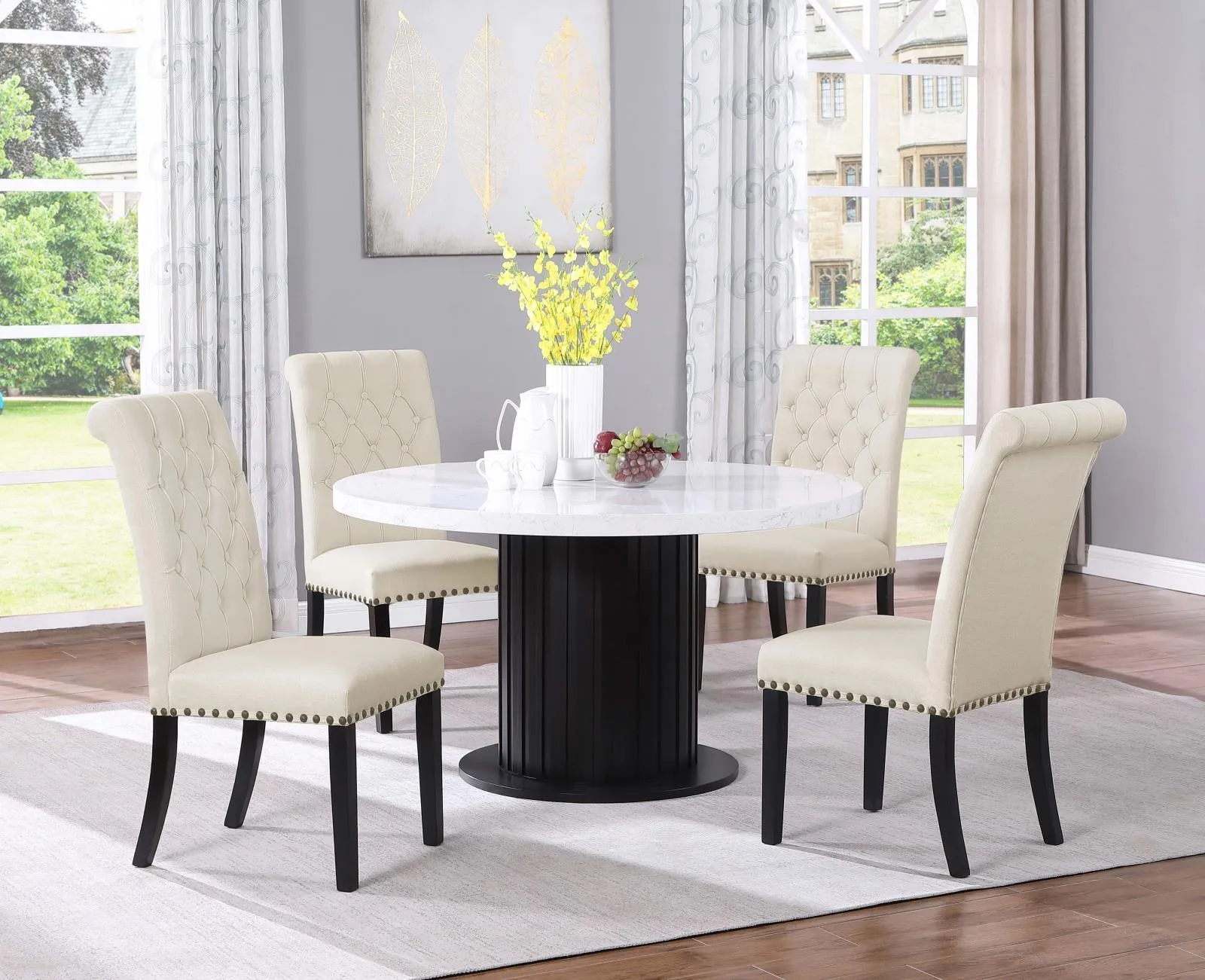 Sherry Beige Fabric 5-Piece Round Dining Set - Image 8