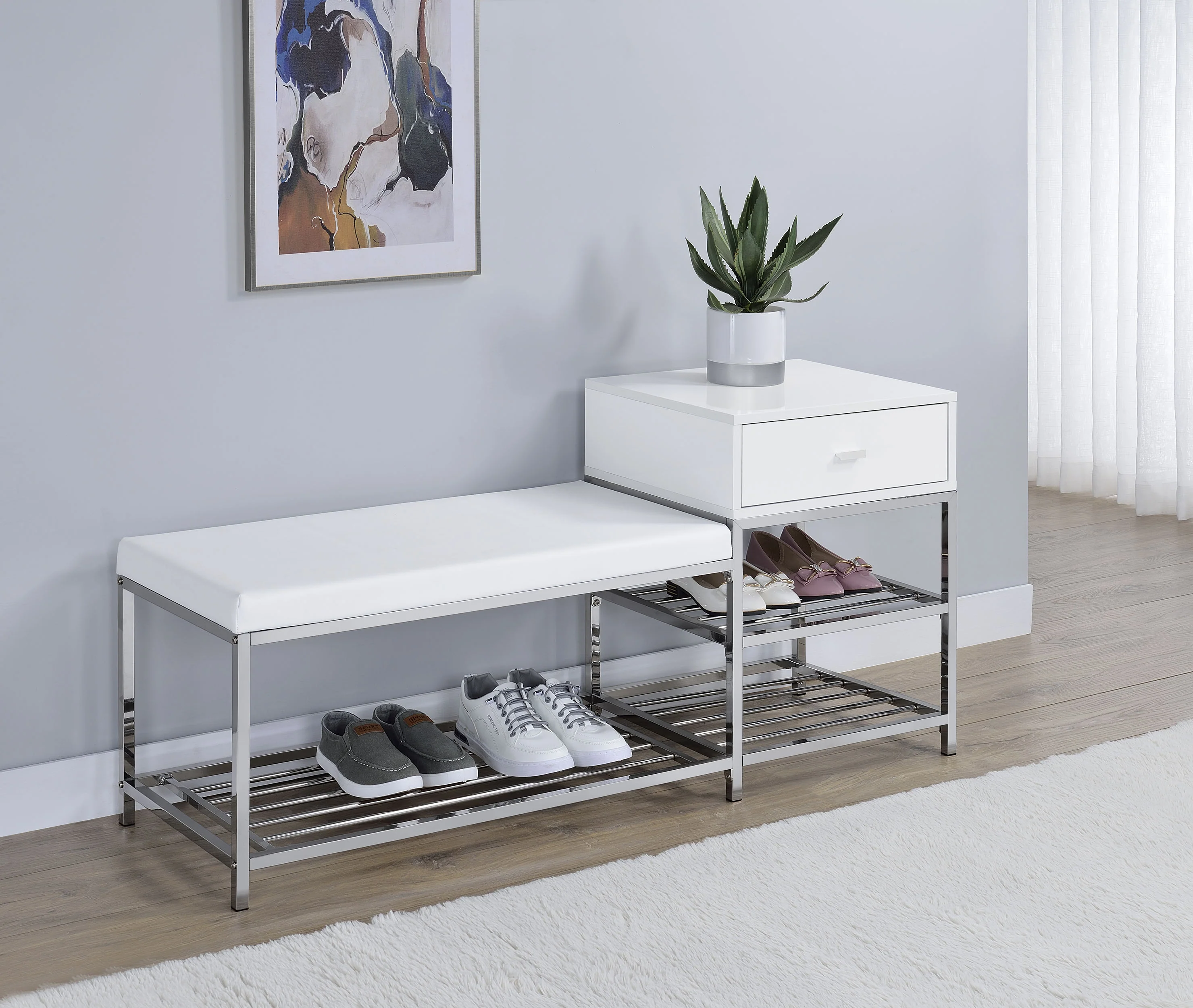 Siega White High Gloss/Chrome 1-Drawer Shoe Storage Entryway Bench