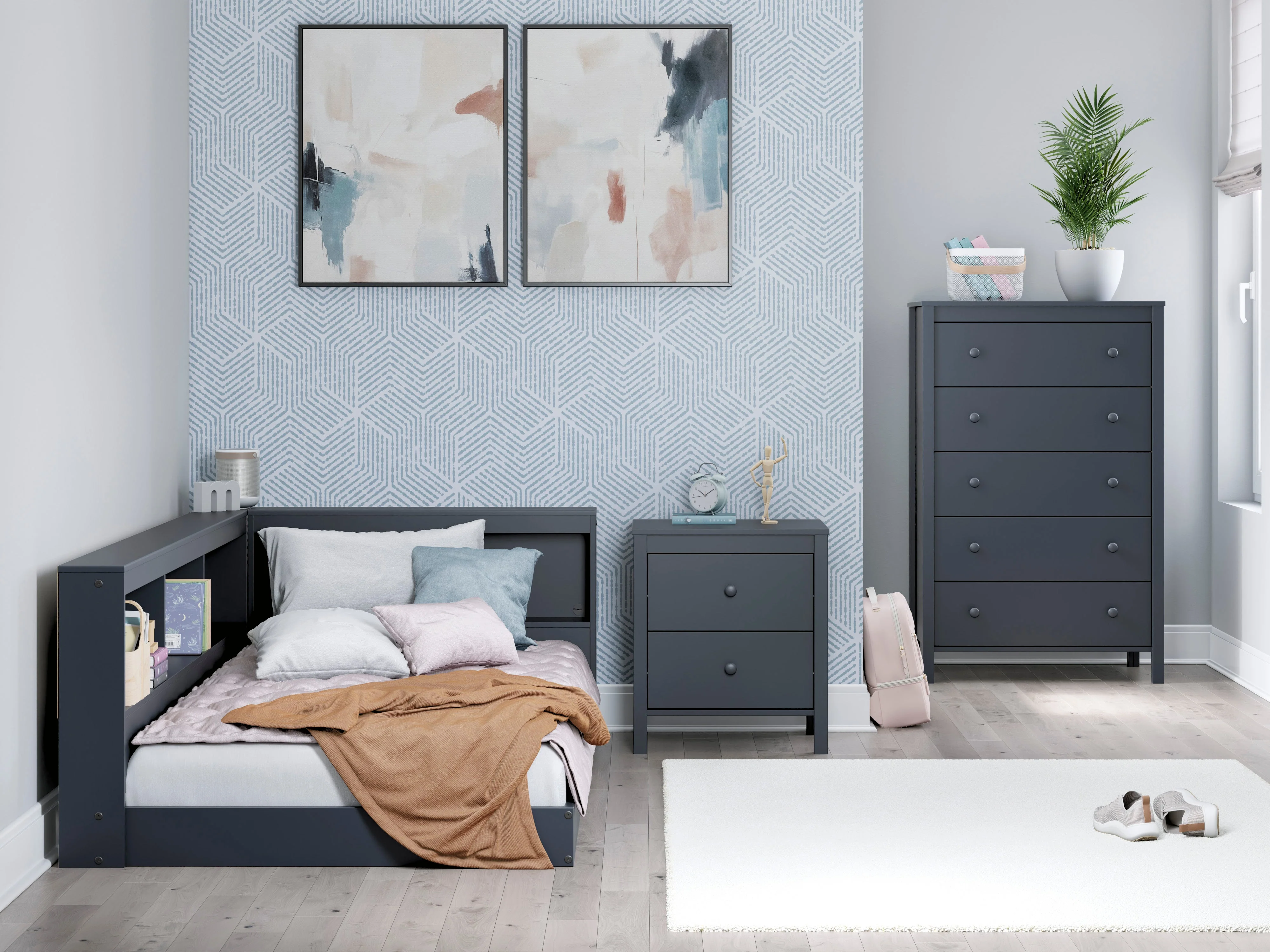 Simmenfort Navy Blue Youth Bookcase Storage Bedroom Set