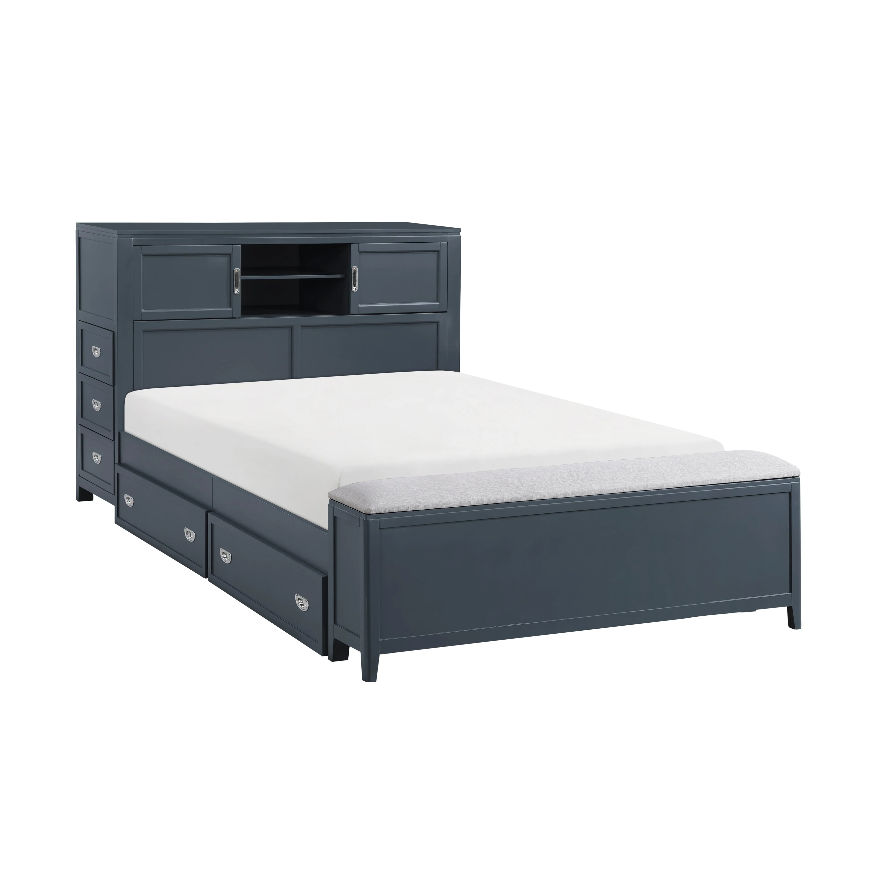 Sloane Navy Blue Full Bookcase Bed with Hidden Desk, Stool and Storage Bench - Image 11