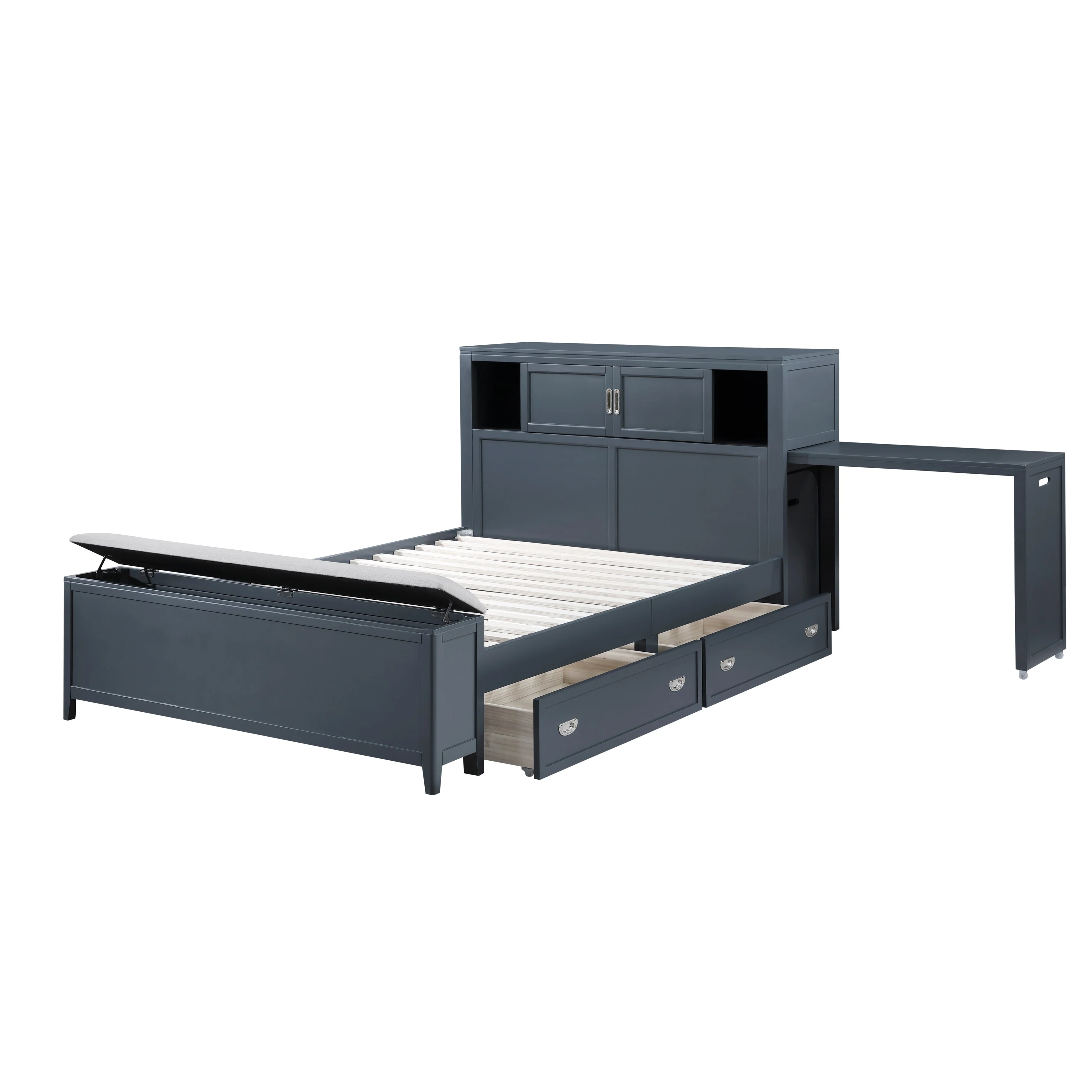 Sloane Navy Blue Full Bookcase Bed with Hidden Desk, Stool and Storage Bench - Image 16