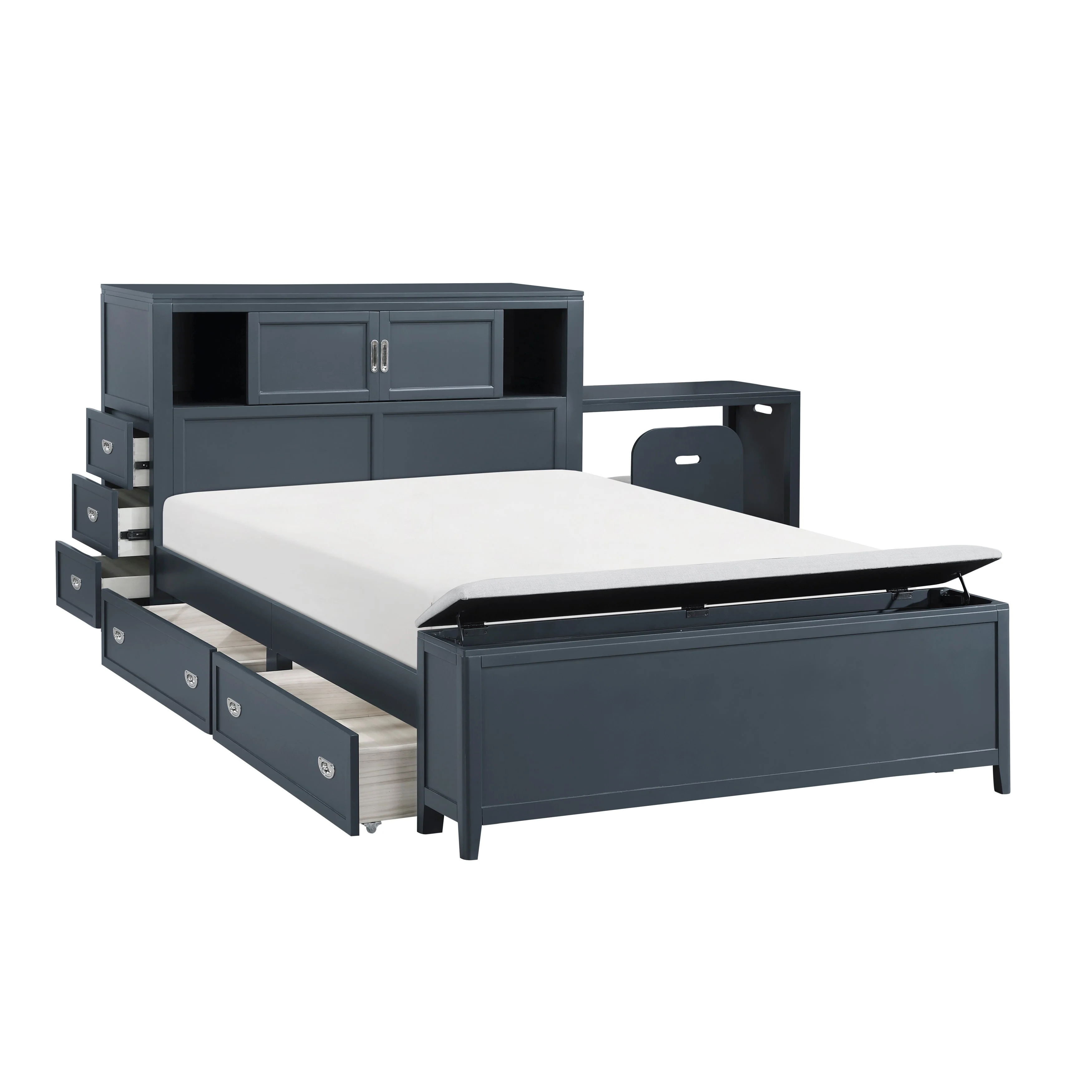 Sloane Navy Blue Full Bookcase Bed with Hidden Desk, Stool and Storage Bench - Image 17