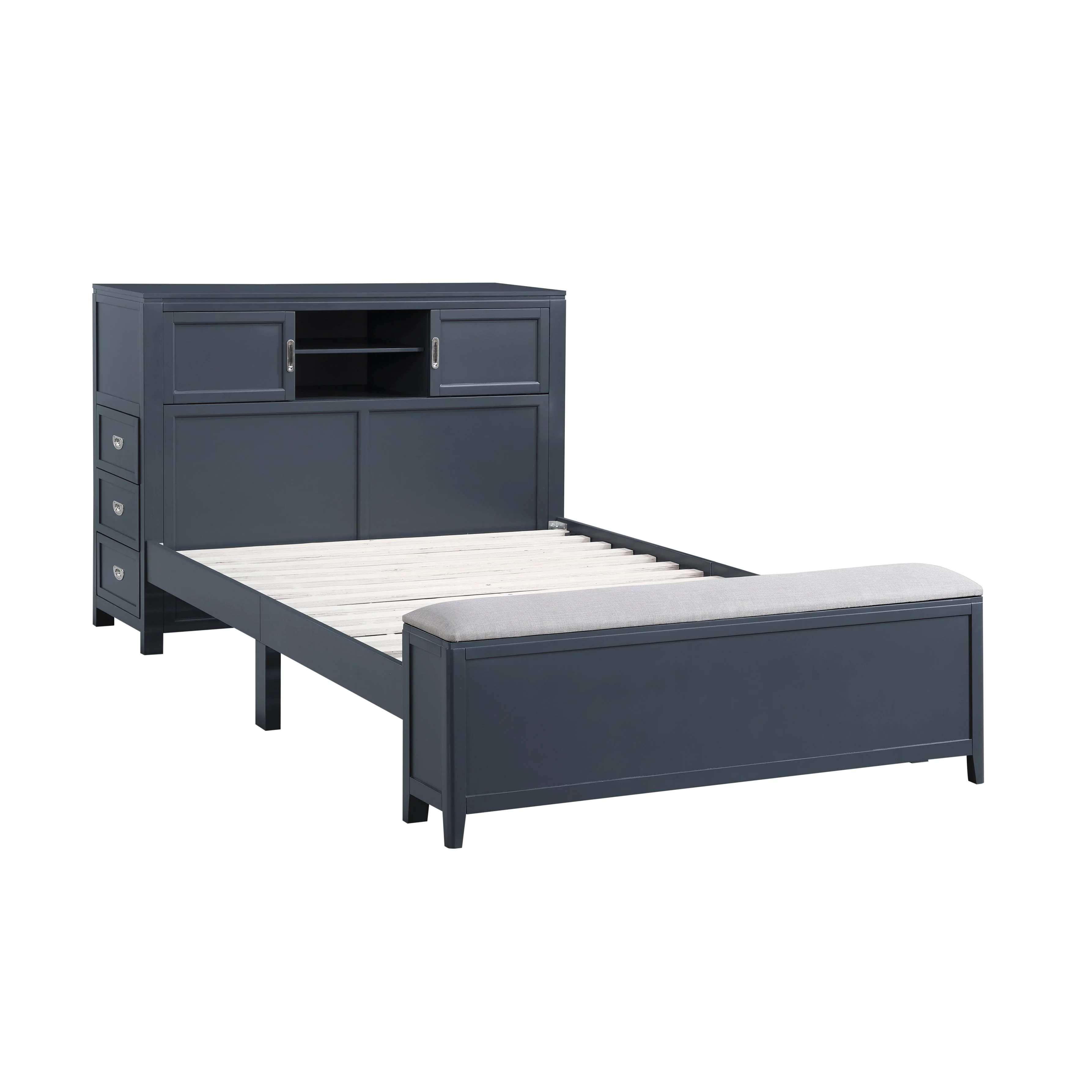 Sloane Navy Blue Full Bookcase Bed with Hidden Desk, Stool and Storage Bench - Image 2