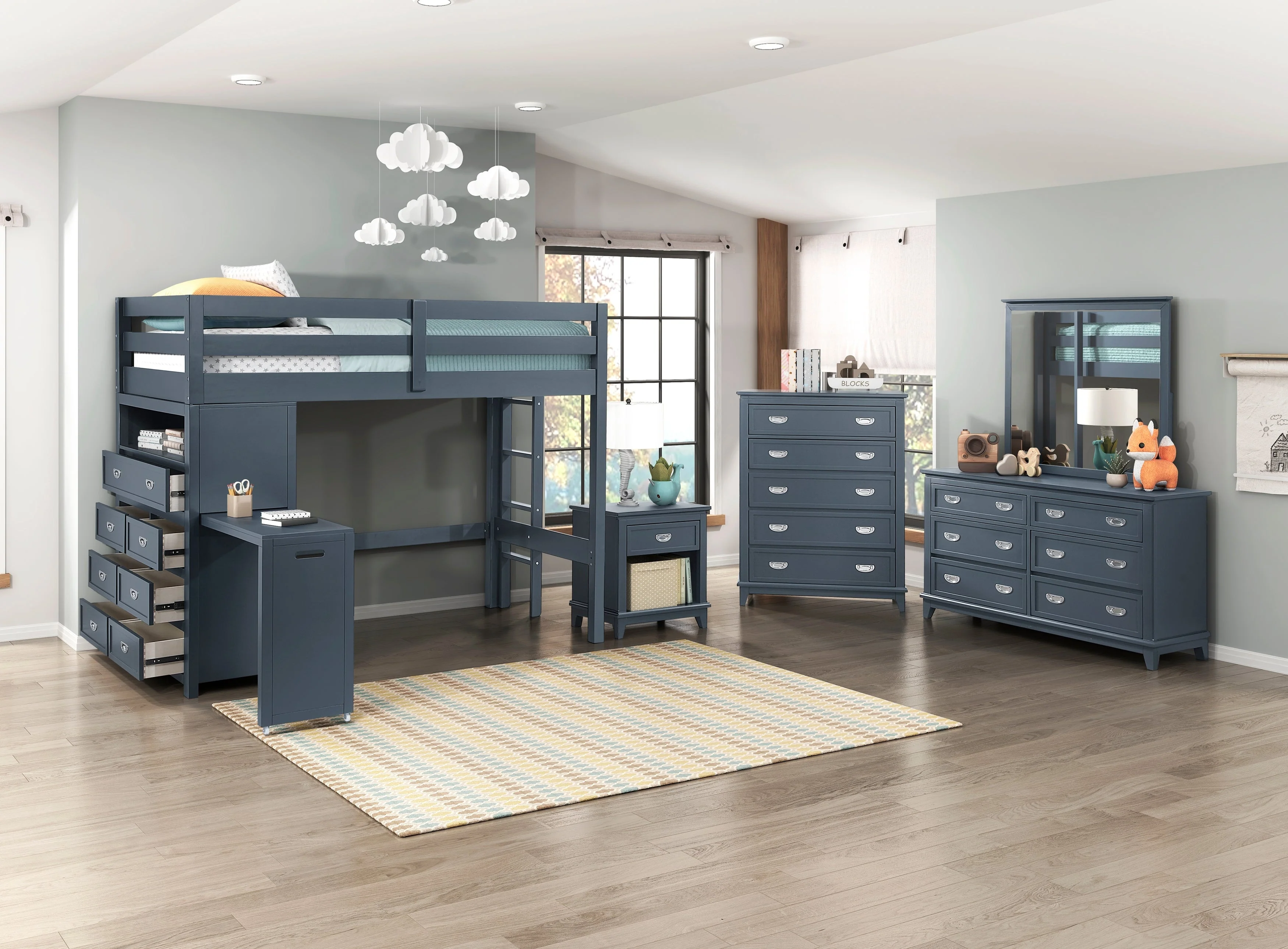 Sloane Navy Blue Twin/Full Loft Bunk Bed with Chest and Hidden Desk - Image 34