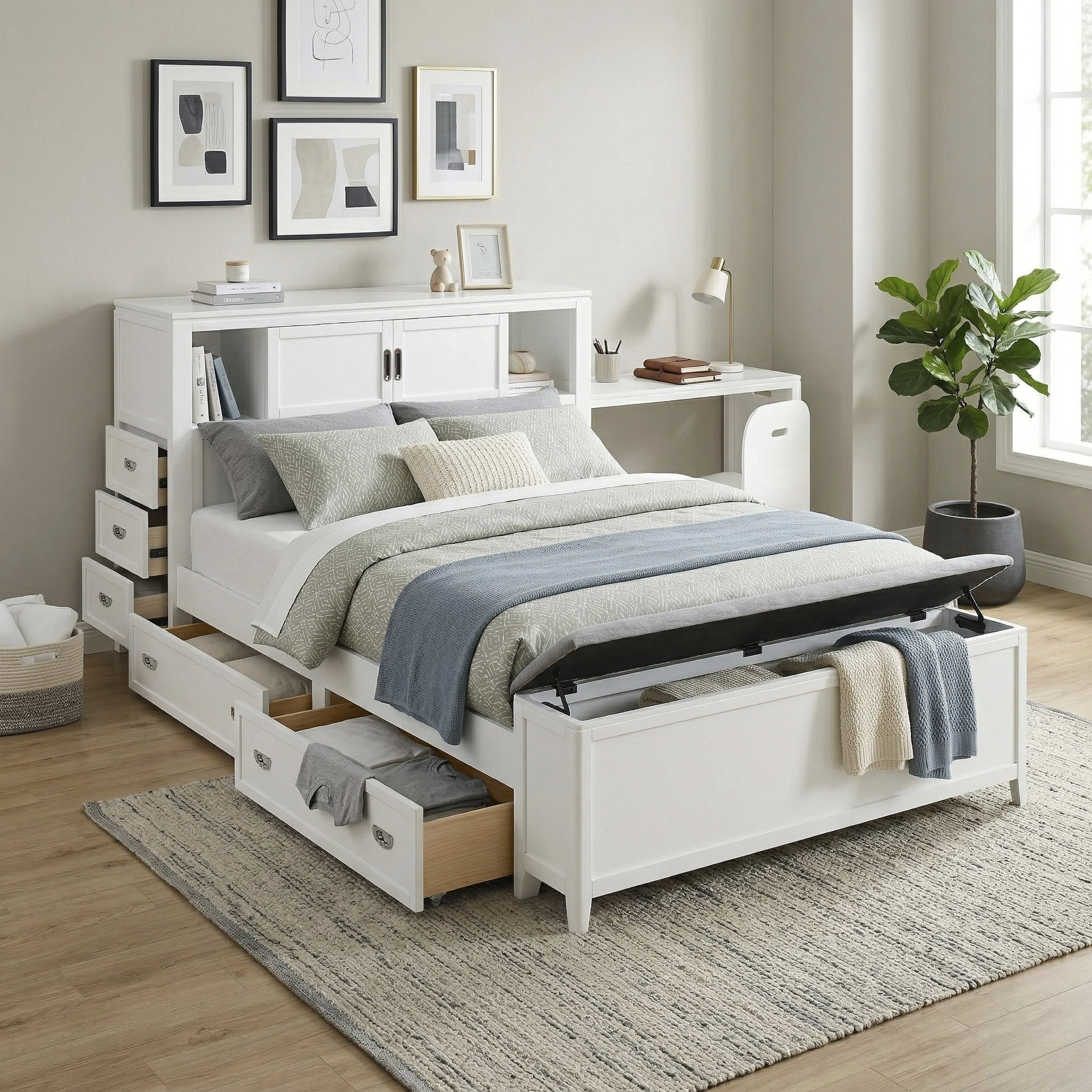 Sloane White Full Bookcase Bed with Hidden Desk, Stool and Storage Bench - Image 43