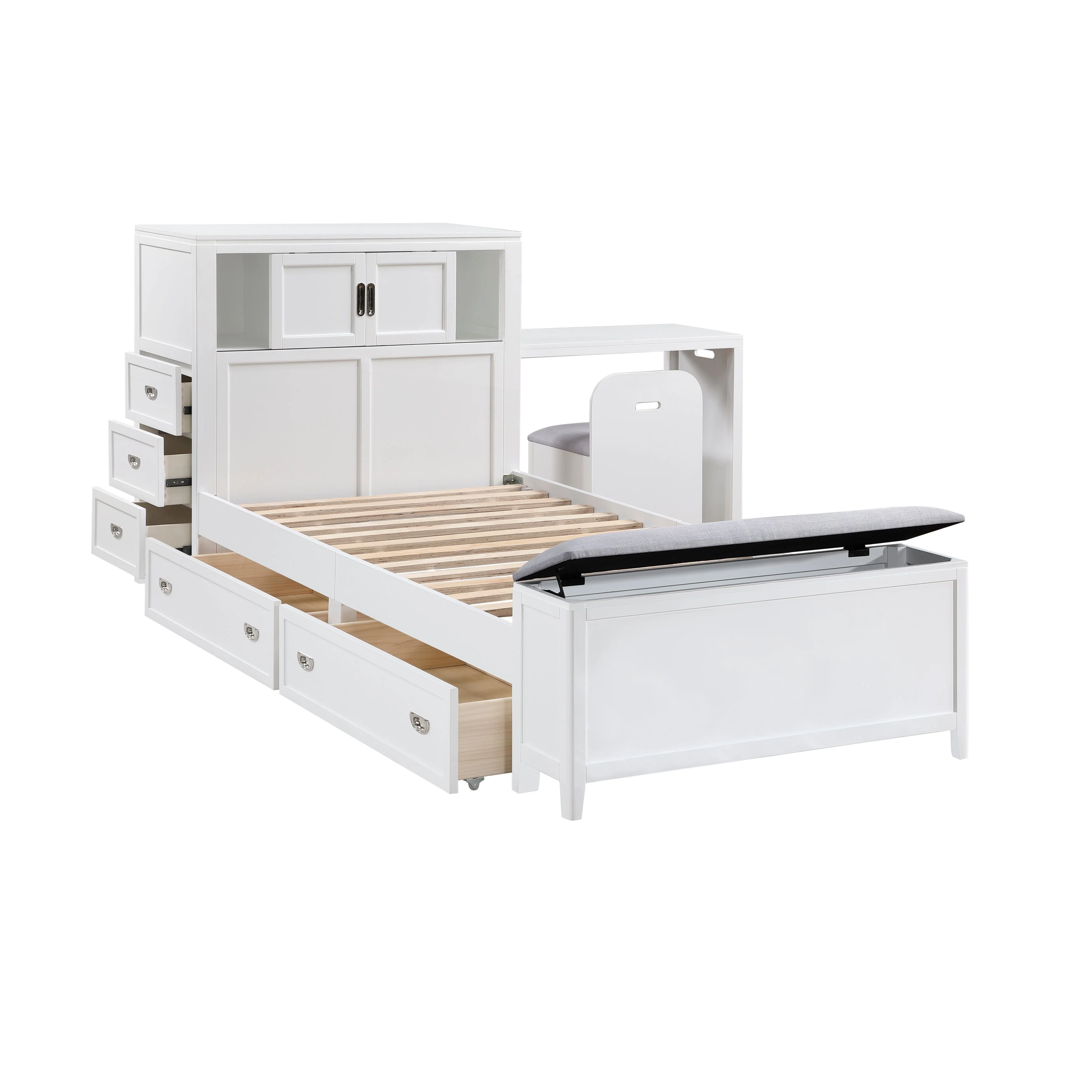 Sloane White Twin Bookcase Bed with Hidden Desk, Stool and Storage Bench - Image 18