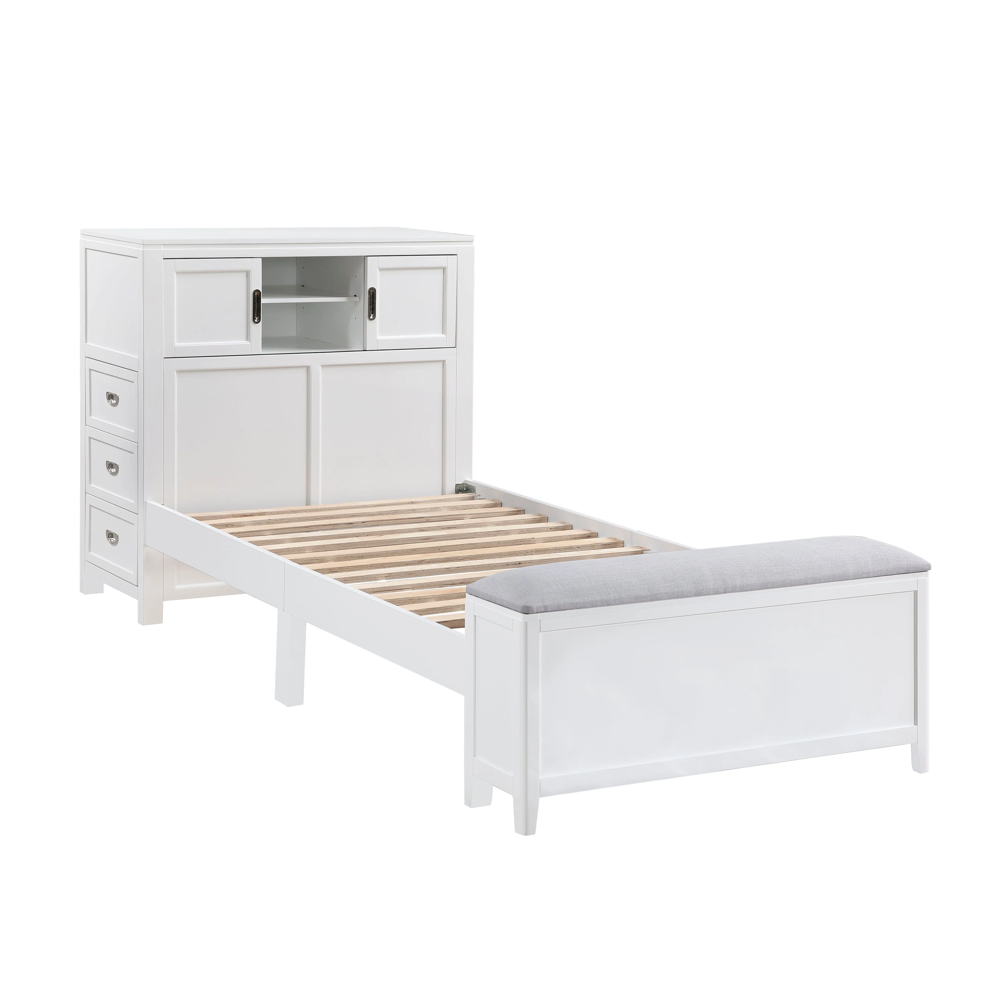 Sloane White Twin Bookcase Bed with Hidden Desk, Stool and Storage Bench - Image 2