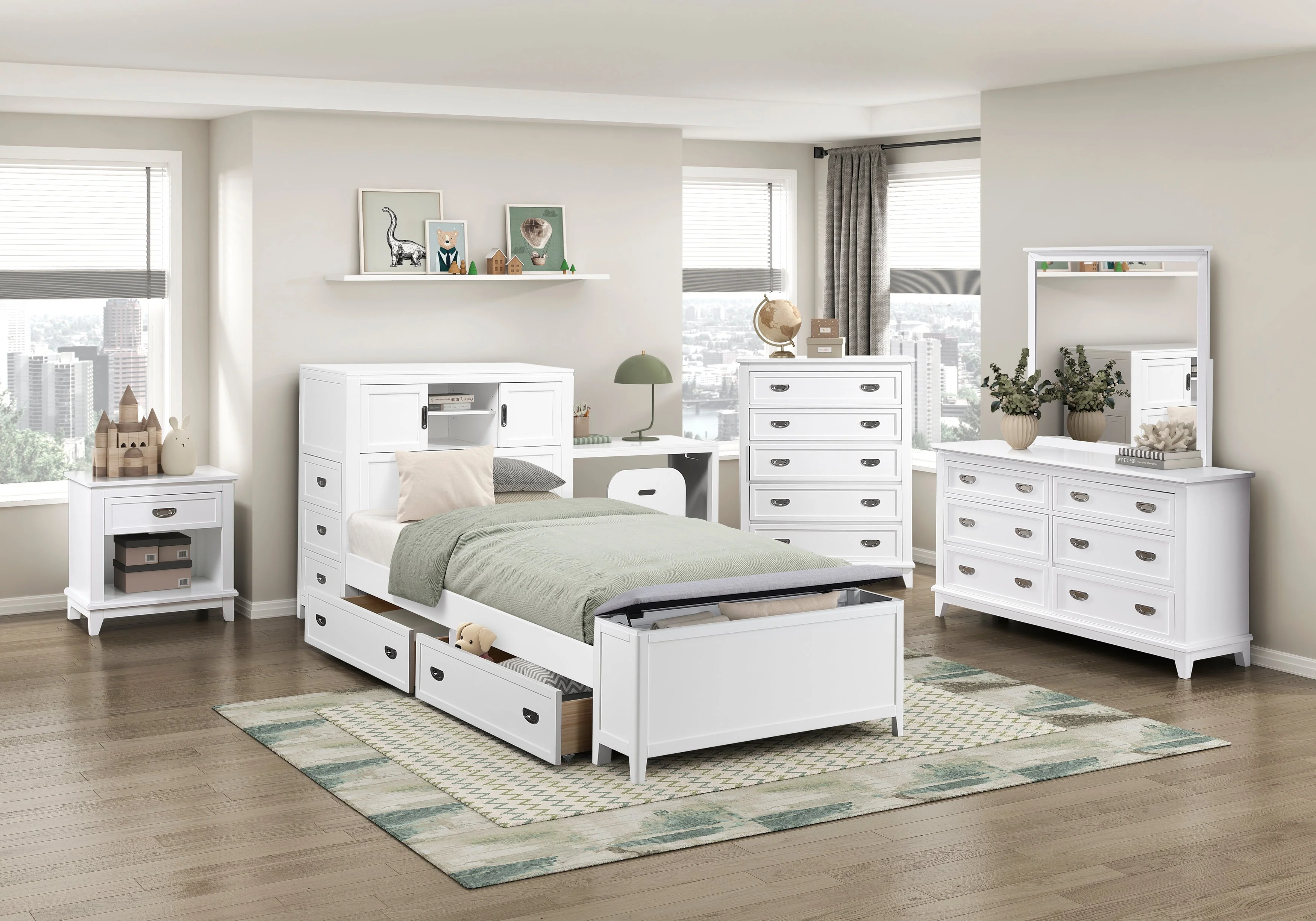 Sloane White Twin Bookcase Bed with Hidden Desk, Stool and Storage Bench - Image 34