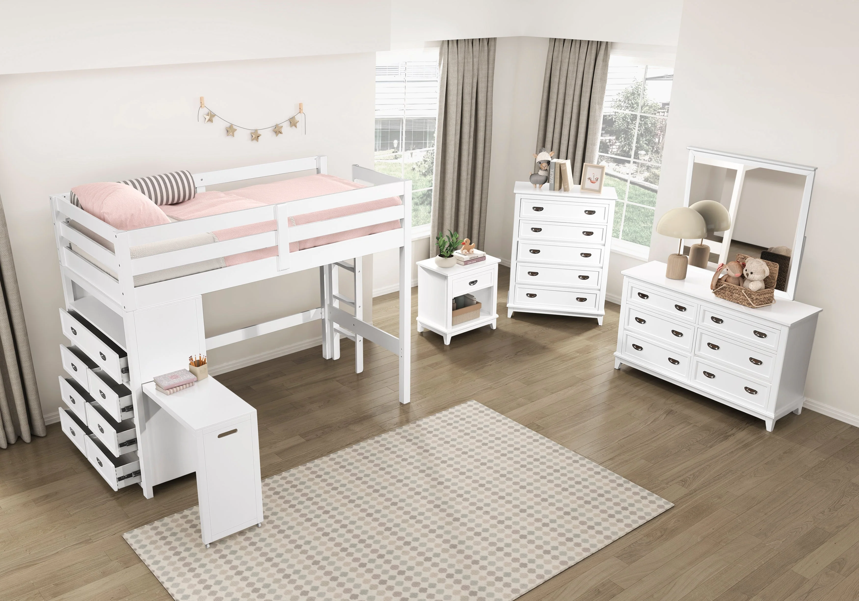 Sloane White Twin Bookcase Bed with Hidden Desk, Stool and Storage Bench - Image 48