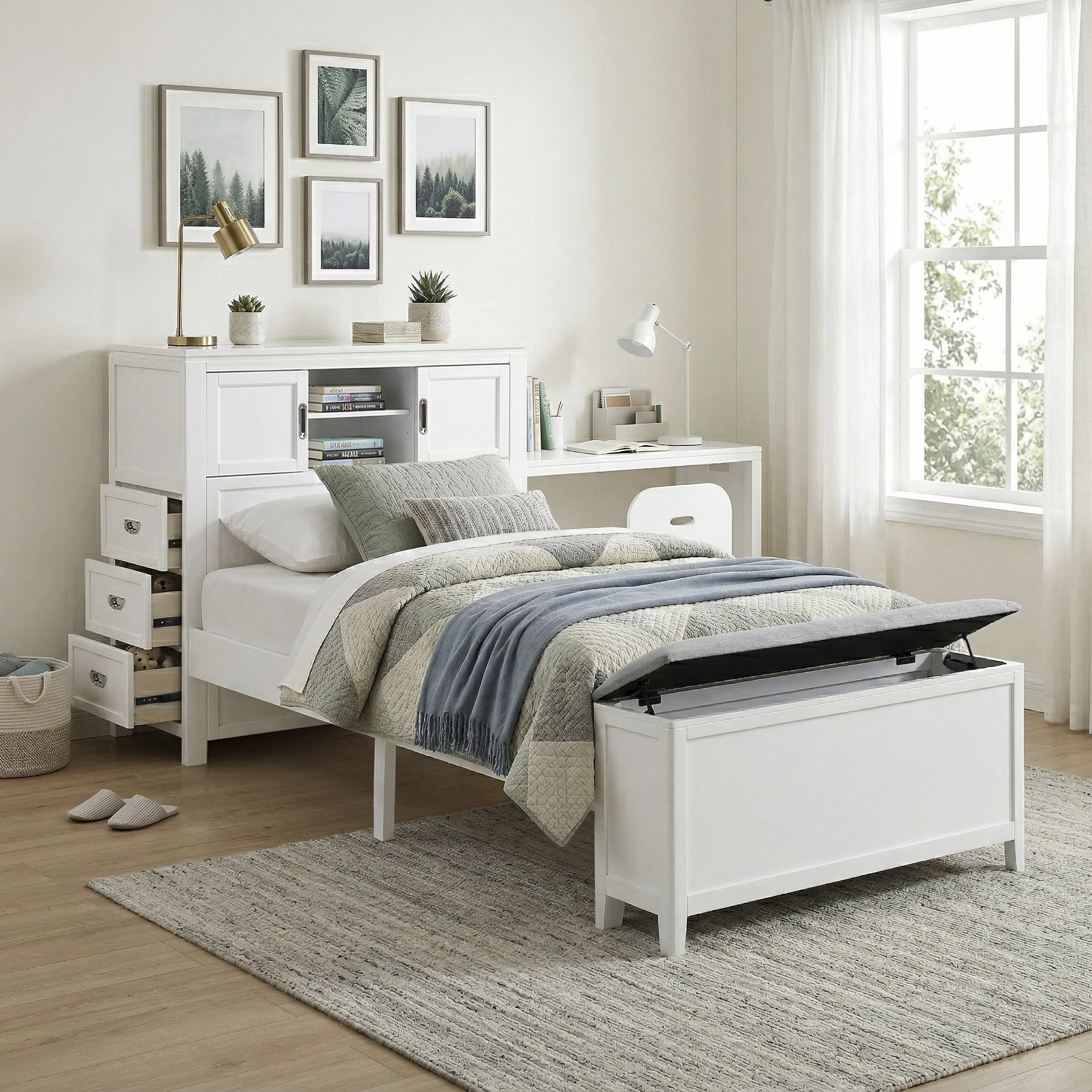 Sloane White Twin Bookcase Bed with Hidden Desk, Stool and Storage Bench - Image 56