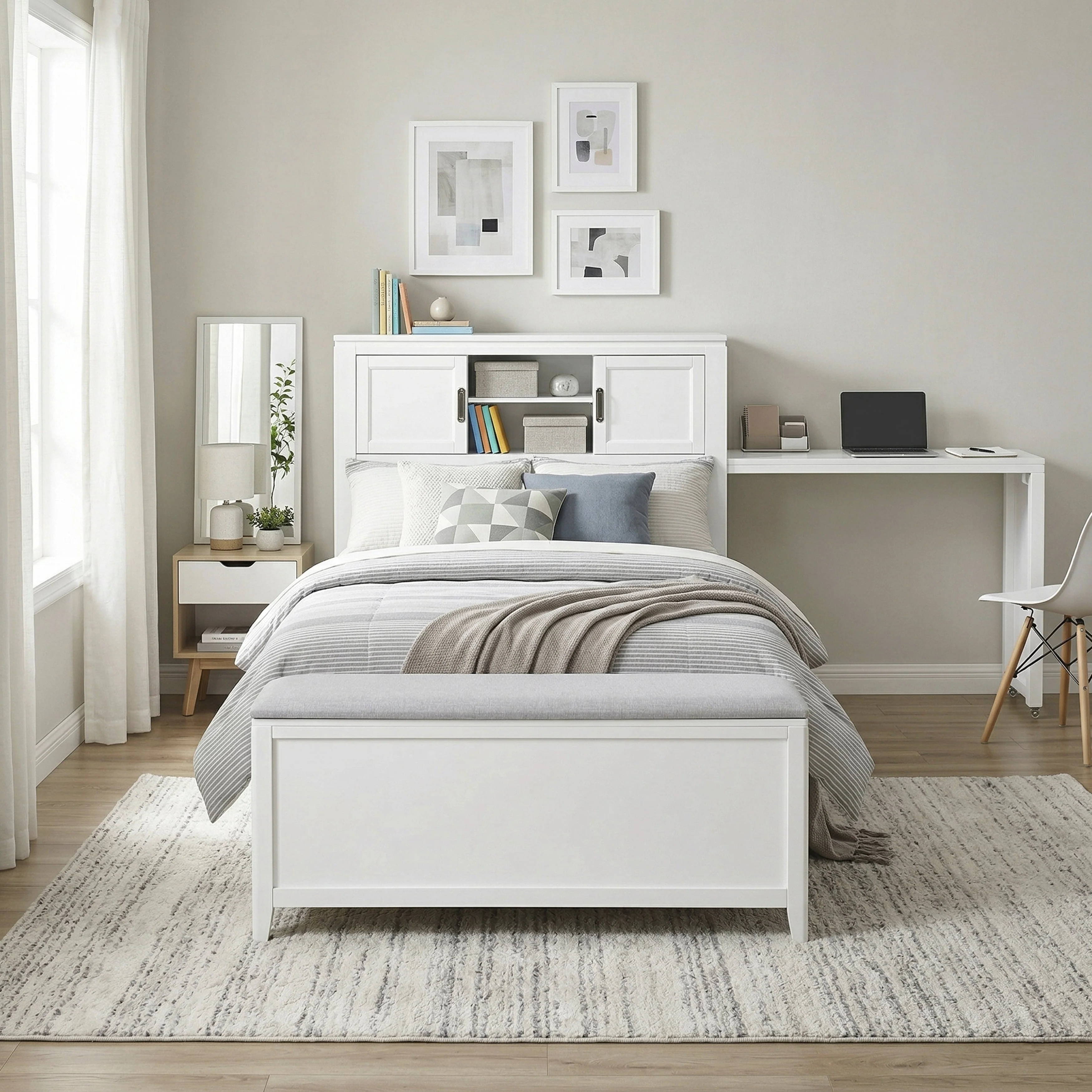 Sloane White Twin Bookcase Bed with Hidden Desk, Stool and Storage Bench - Image 59