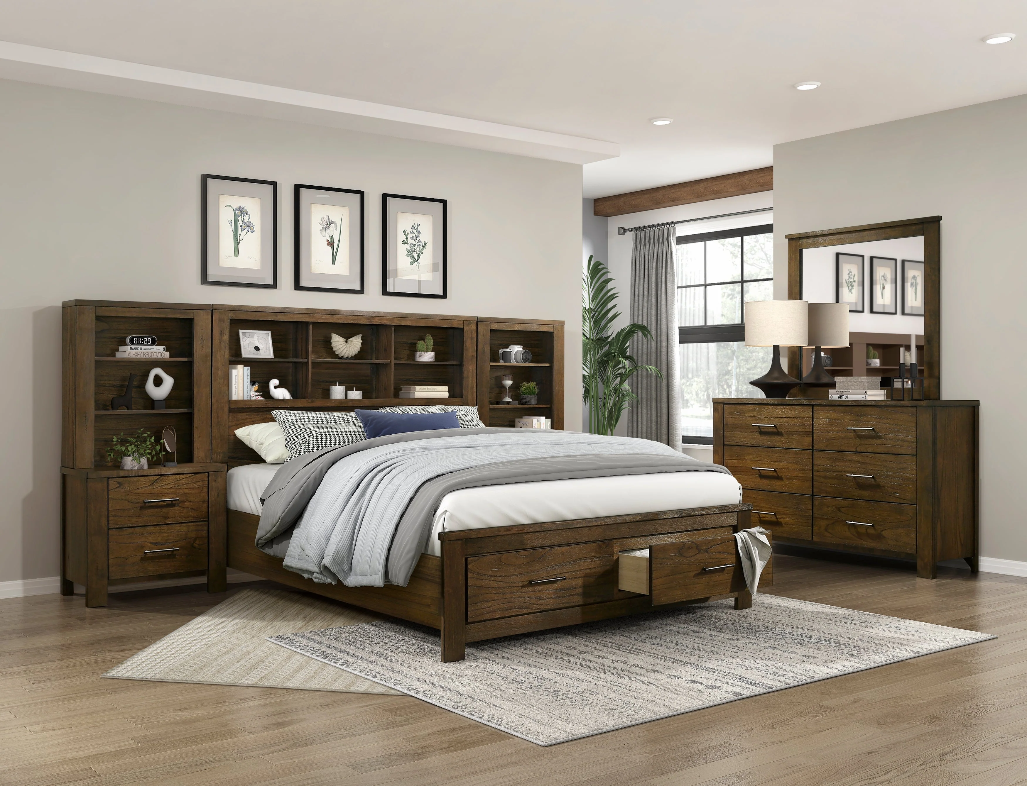 Sullivan Brown Queen Bookcase Storage Platform Bed - Image 6