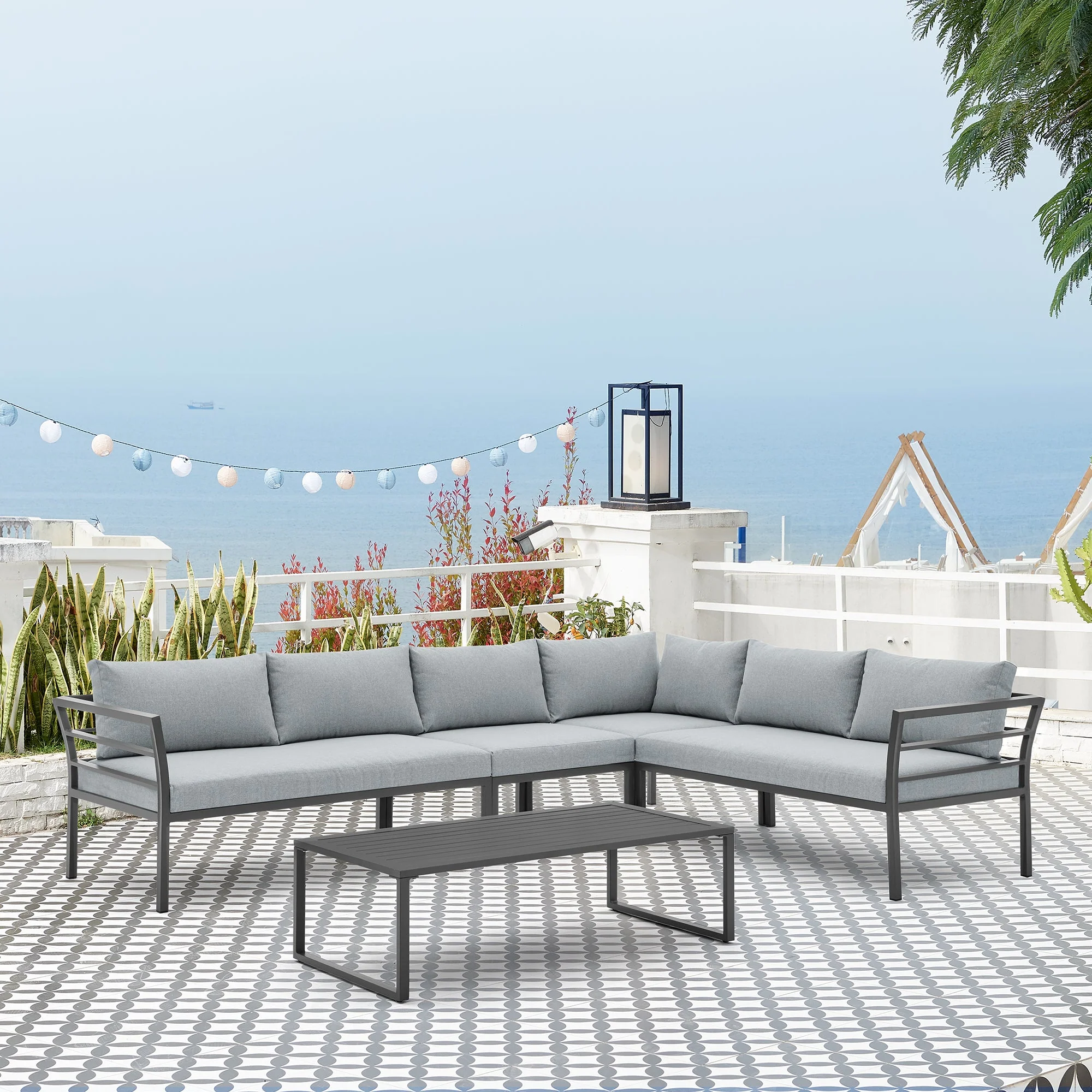 Sunnyside Corner Patio Conversation Set with Table in Grey on Grey - Image 2