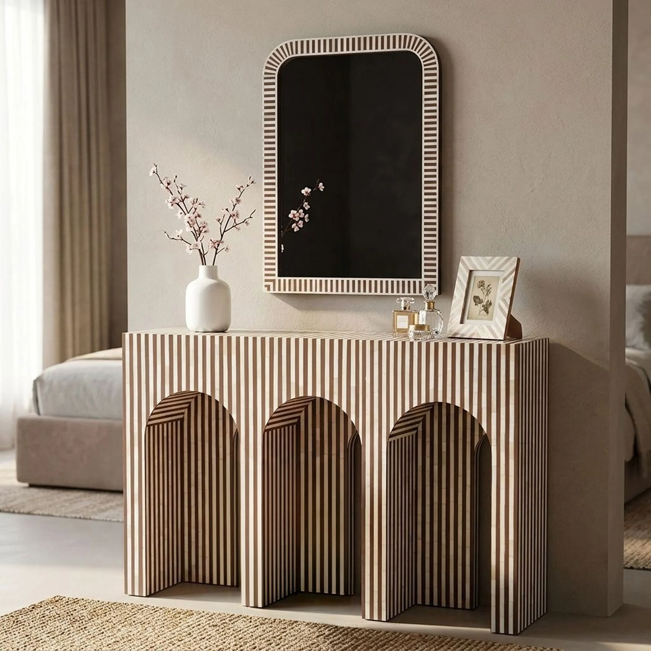 Taara 48" Arched Console Table in Brown and White Bone Inlay - Image 9