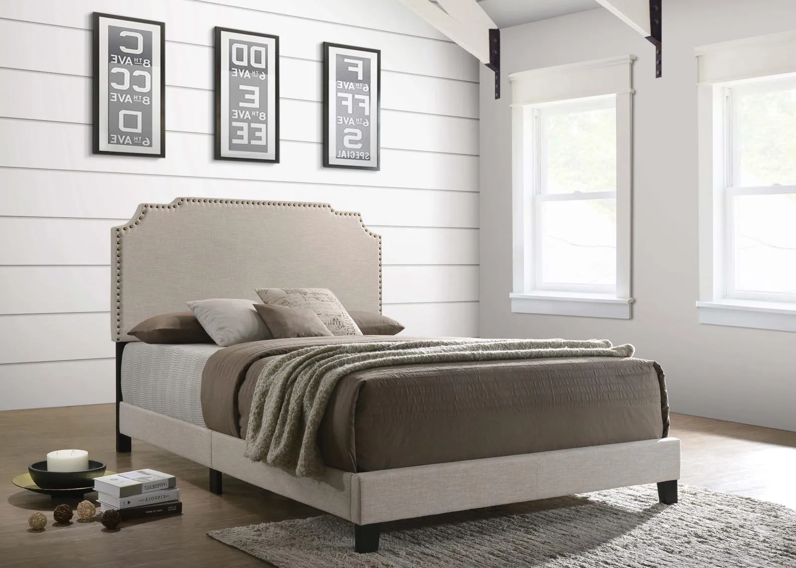 Tamarac Beige Upholstered Nailhead Eastern King Bed