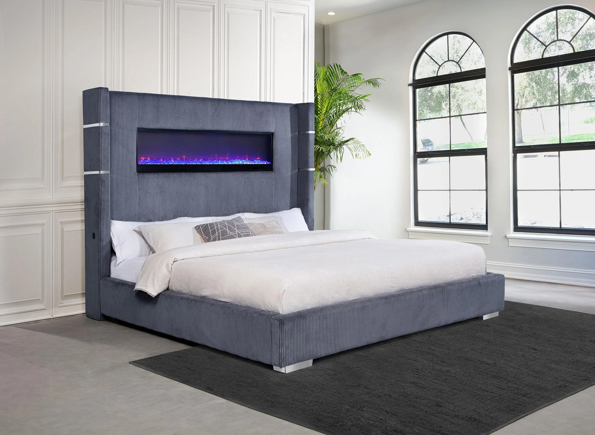 Tisdall Gray 67-inch Upholstered Eastern King Fireplace Bed