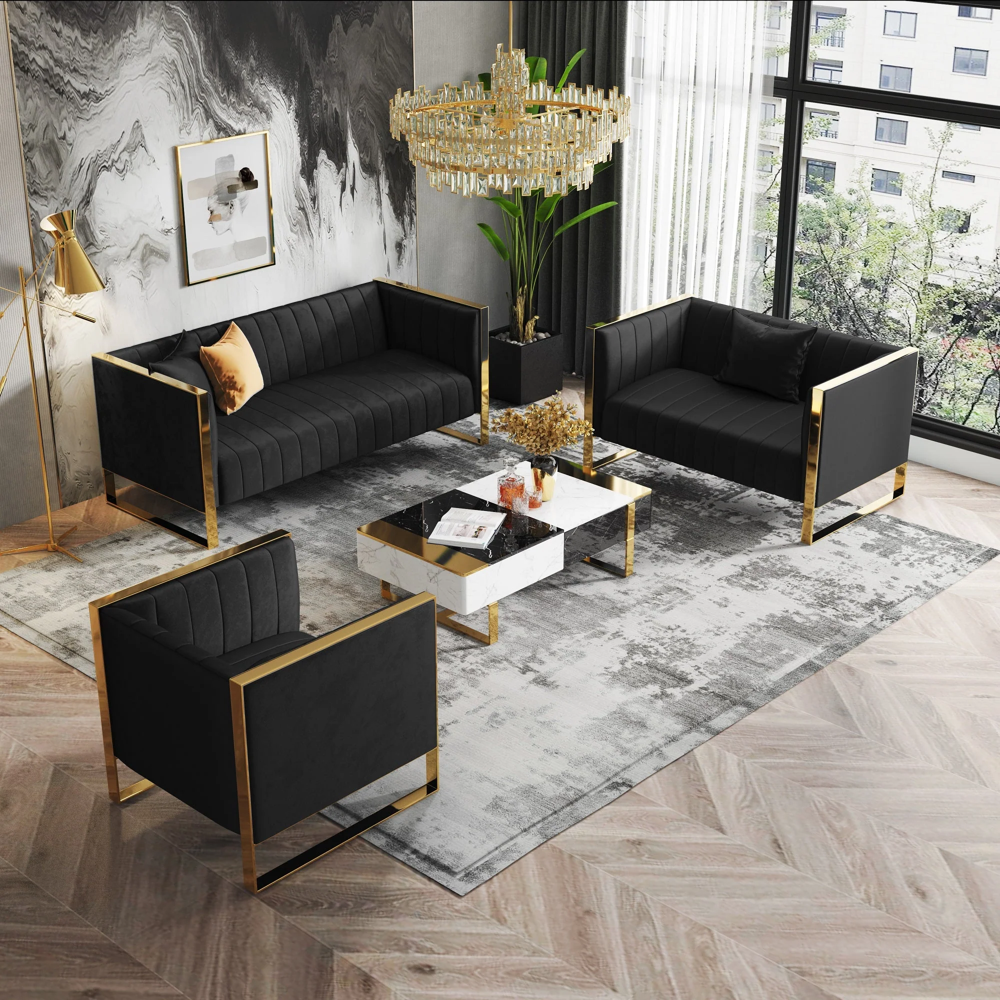 Trillium 3 Piece - Sofa, Loveseat and Armchair Set in Black and Gold - Image 2