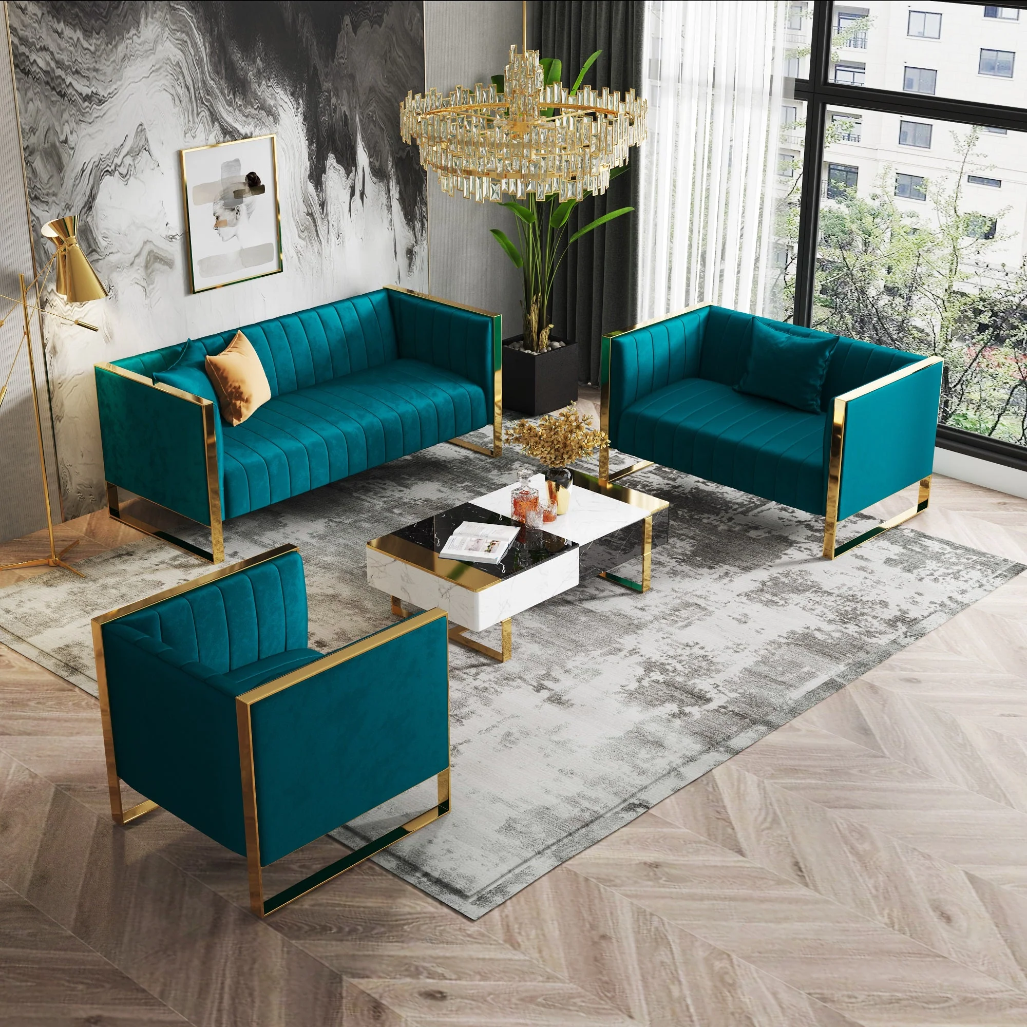 Trillium Sofa and Armchair in Teal and Gold (set of 3) - Image 2