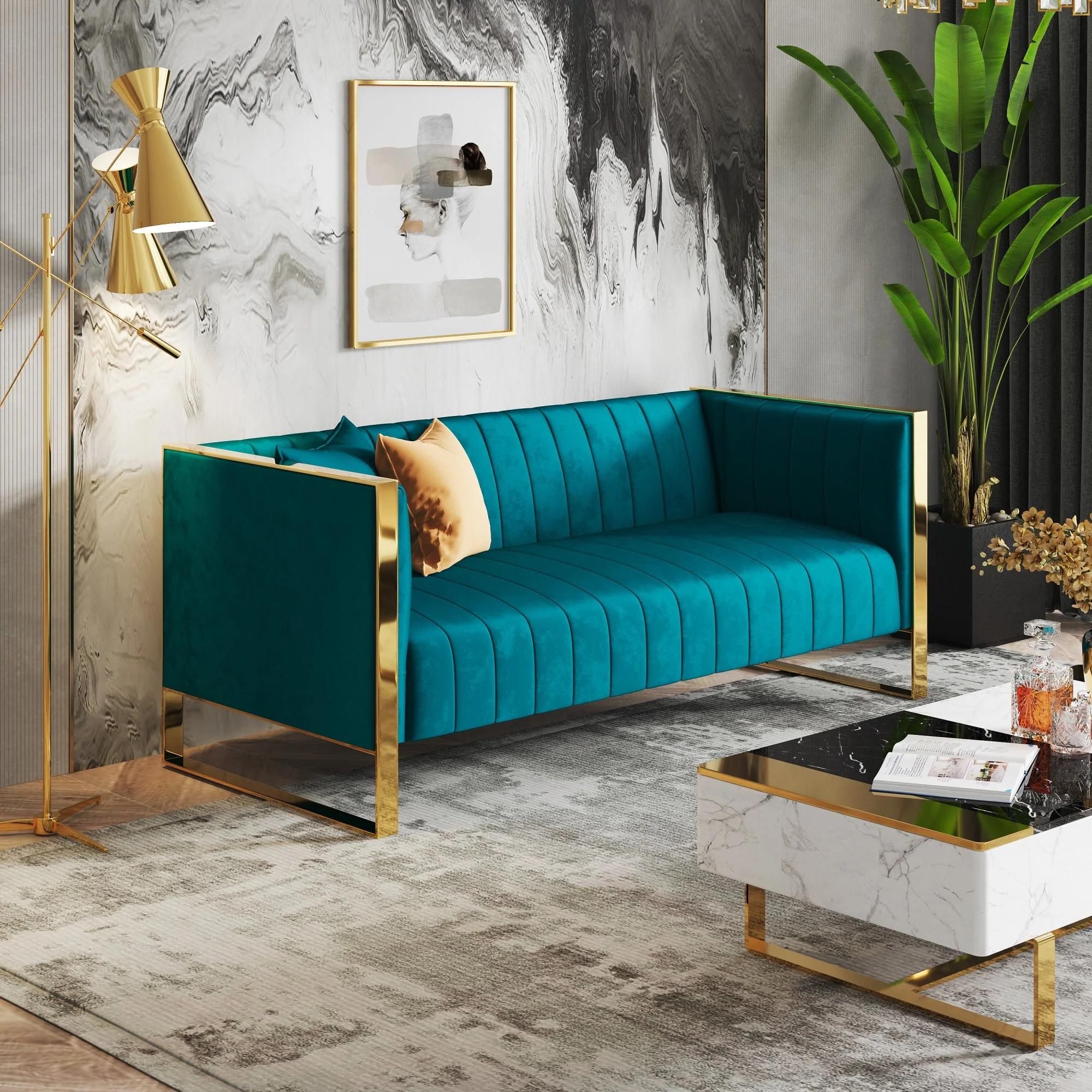 Trillium Sofa in Aqua Blue and Gold - Image 2