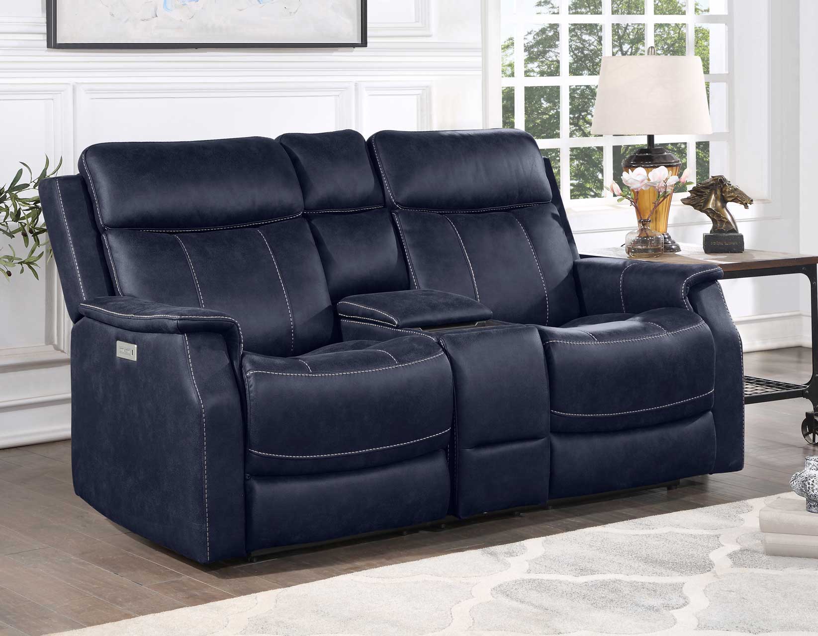 Valencia Ocean Blue Dual-Power Leatherette Reclining Console Loveseat