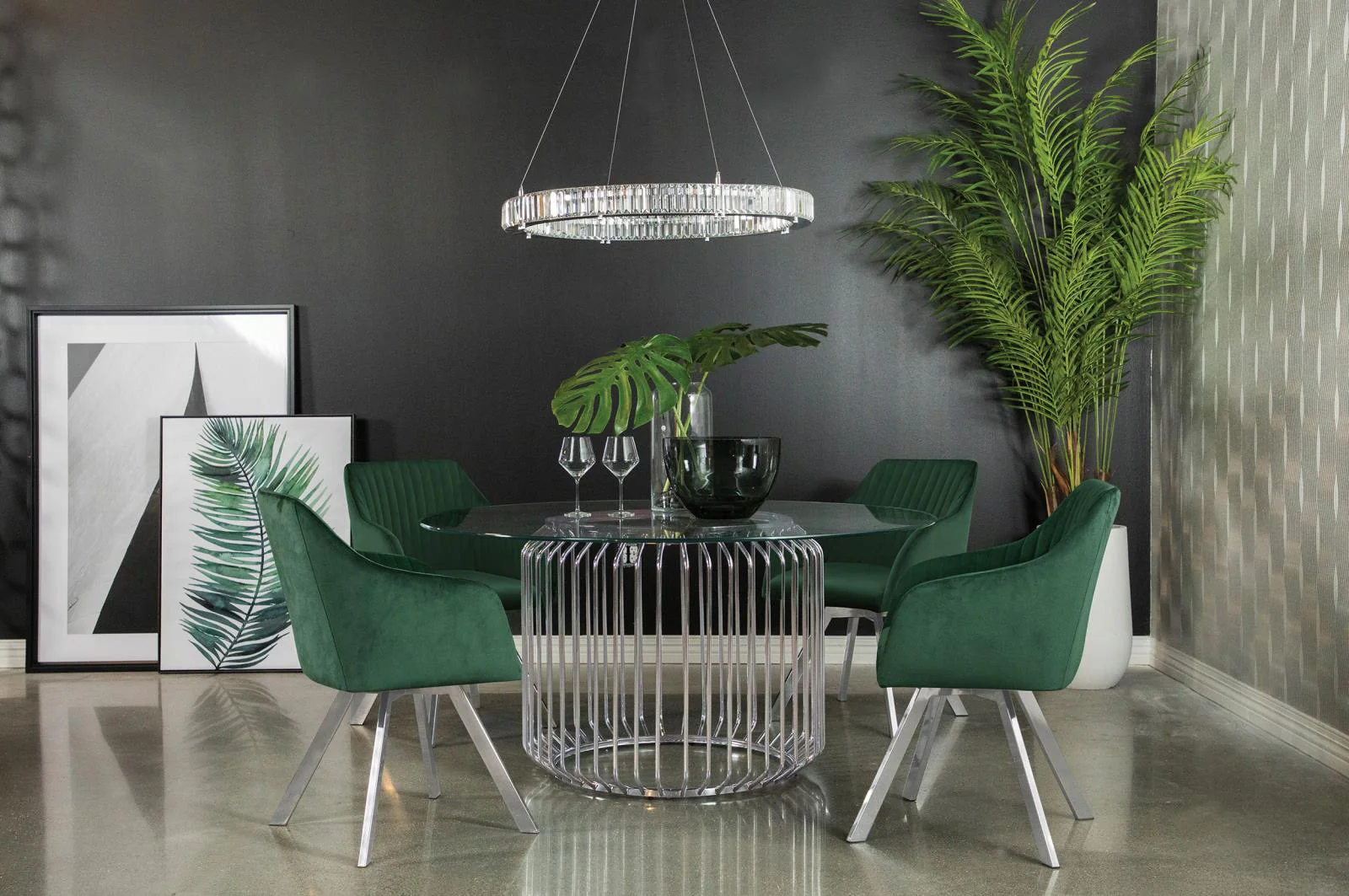 Veena Chrome and Green Round Dining Room Set with Swivel Chairs
