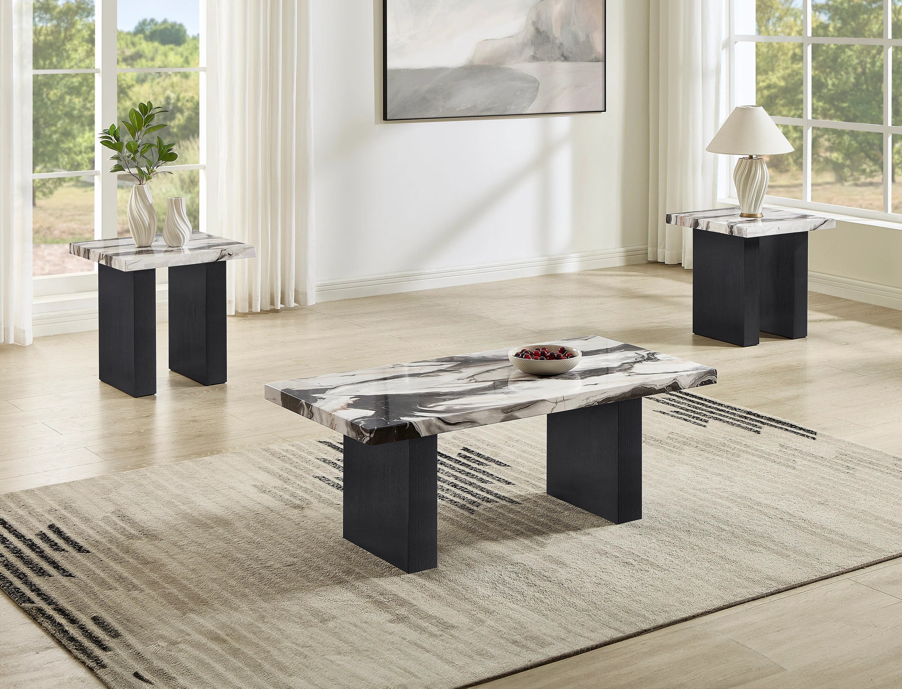 Vega Brown/Black Faux Marble 3-Piece Cocktail Set