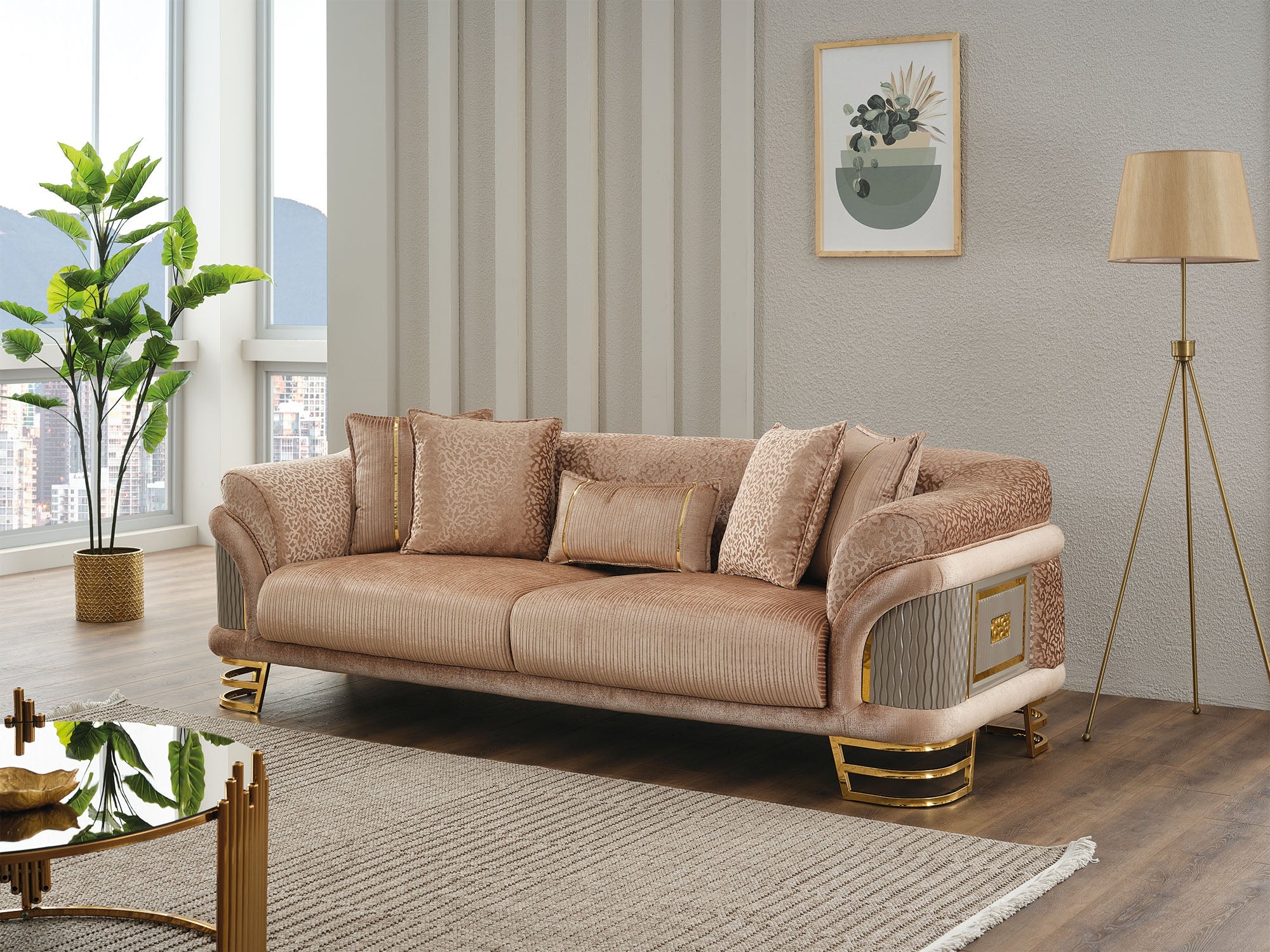 Versace 3-pieces (Sofa & Loveseat & Chair) Livingroom Set Beige - Image 9