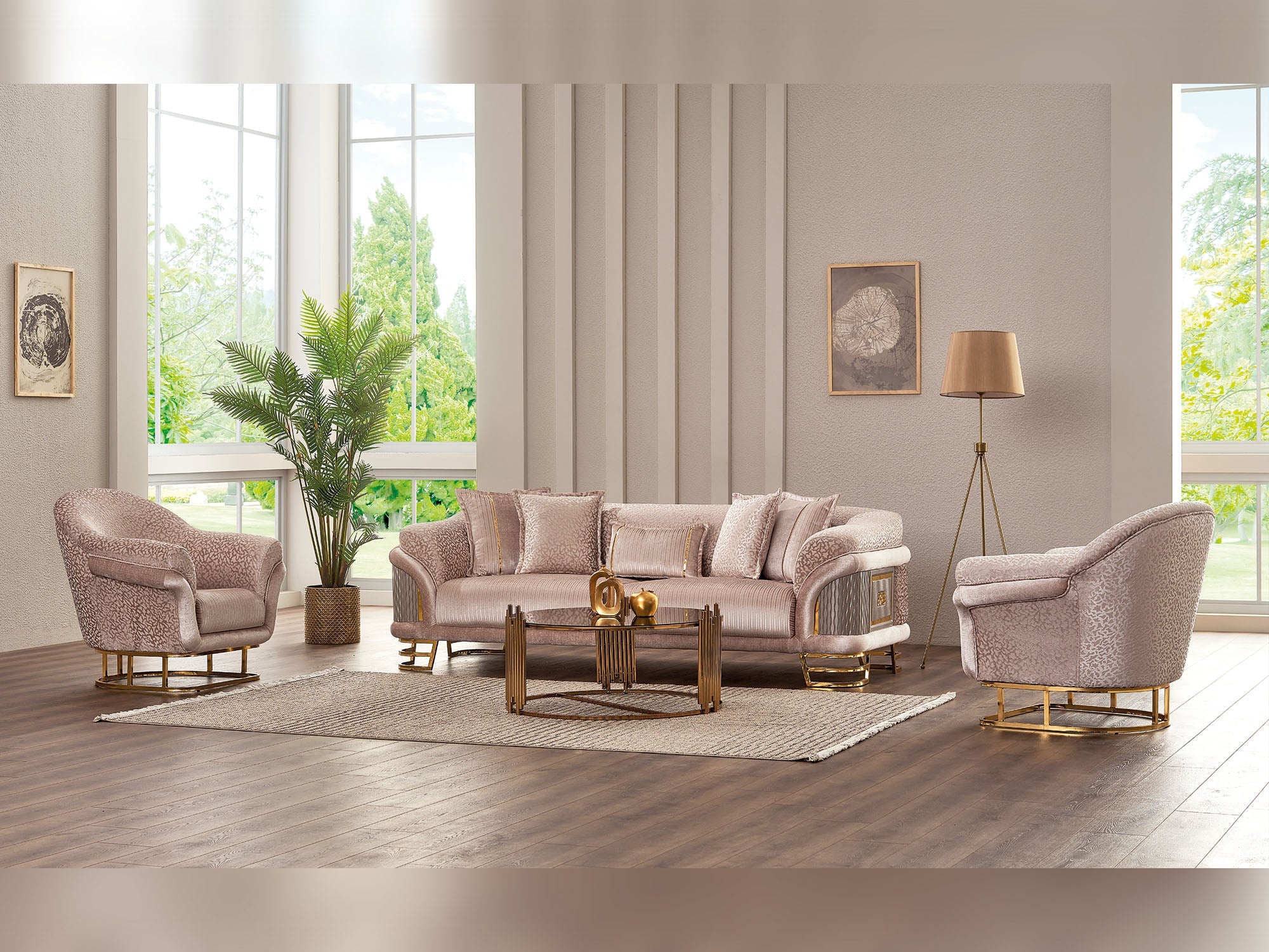 Versace 3-pieces (Sofa & Loveseat & Chair) Livingroom Set Cream - Image 2