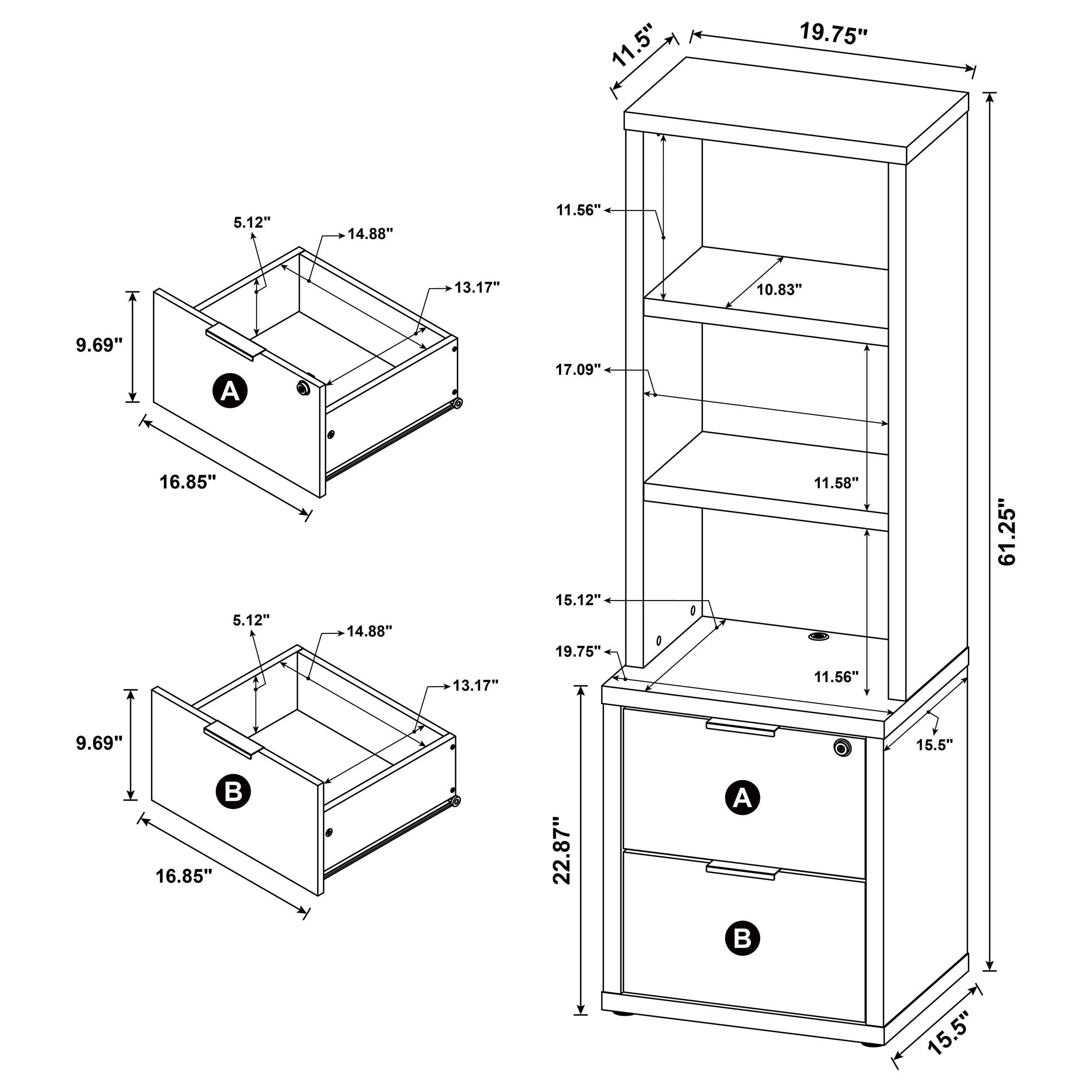 Westpark Black 3-Shelf Bookcase with Lockable Drawer and USB Ports - Image 14