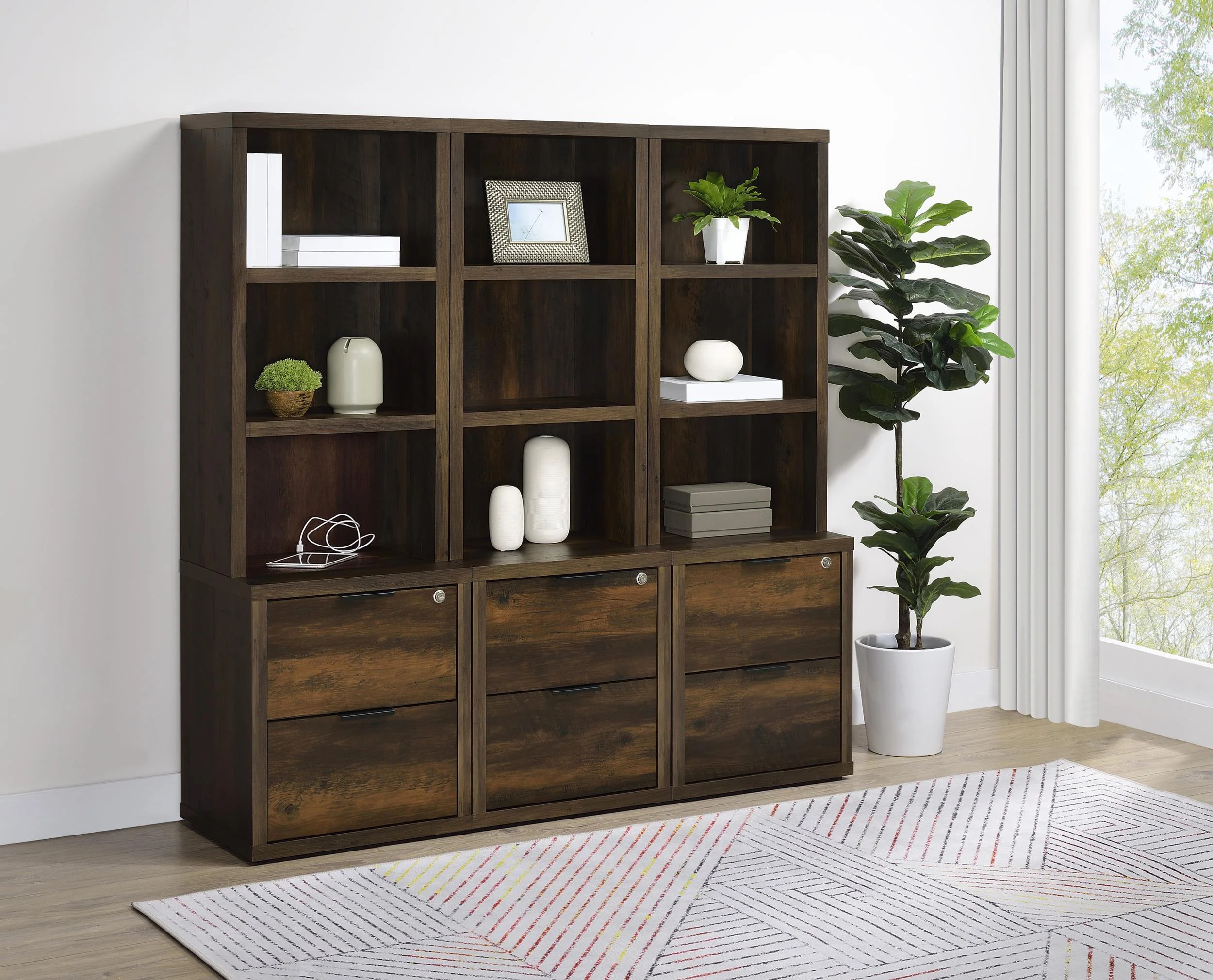 Westpark Dark Pine 3-Shelf Bookcase with Lockable Drawer and USB Ports - Image 14