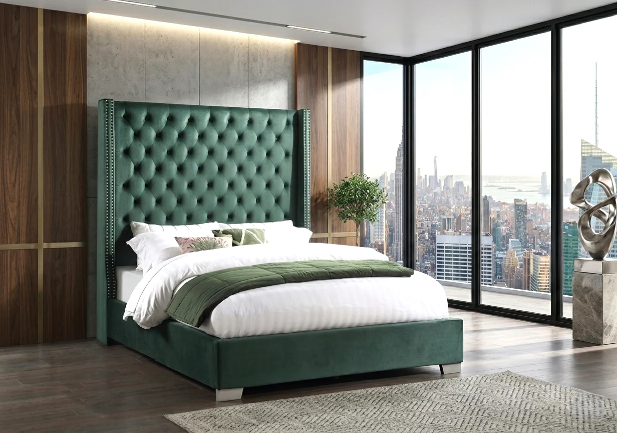 Willa Green Diamond Tufted King Bed