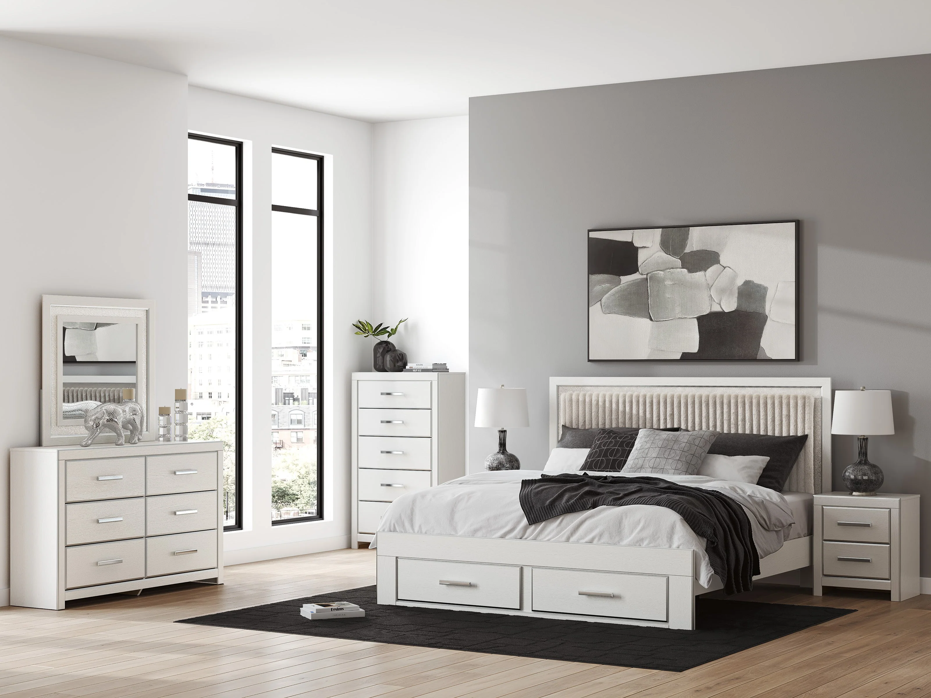 Zuraleus White Upholstered Storage Panel Bedroom Set with 2 Footboard Drawers